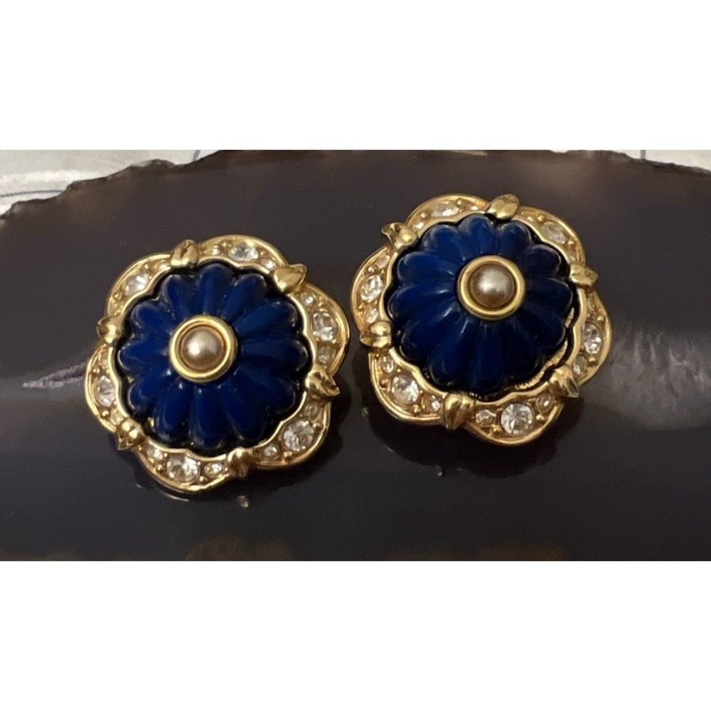 JOAN RIVERS‎ Blue Cabochon & Rhinestone Earrings ClipBack Signed Vintage Jewelry